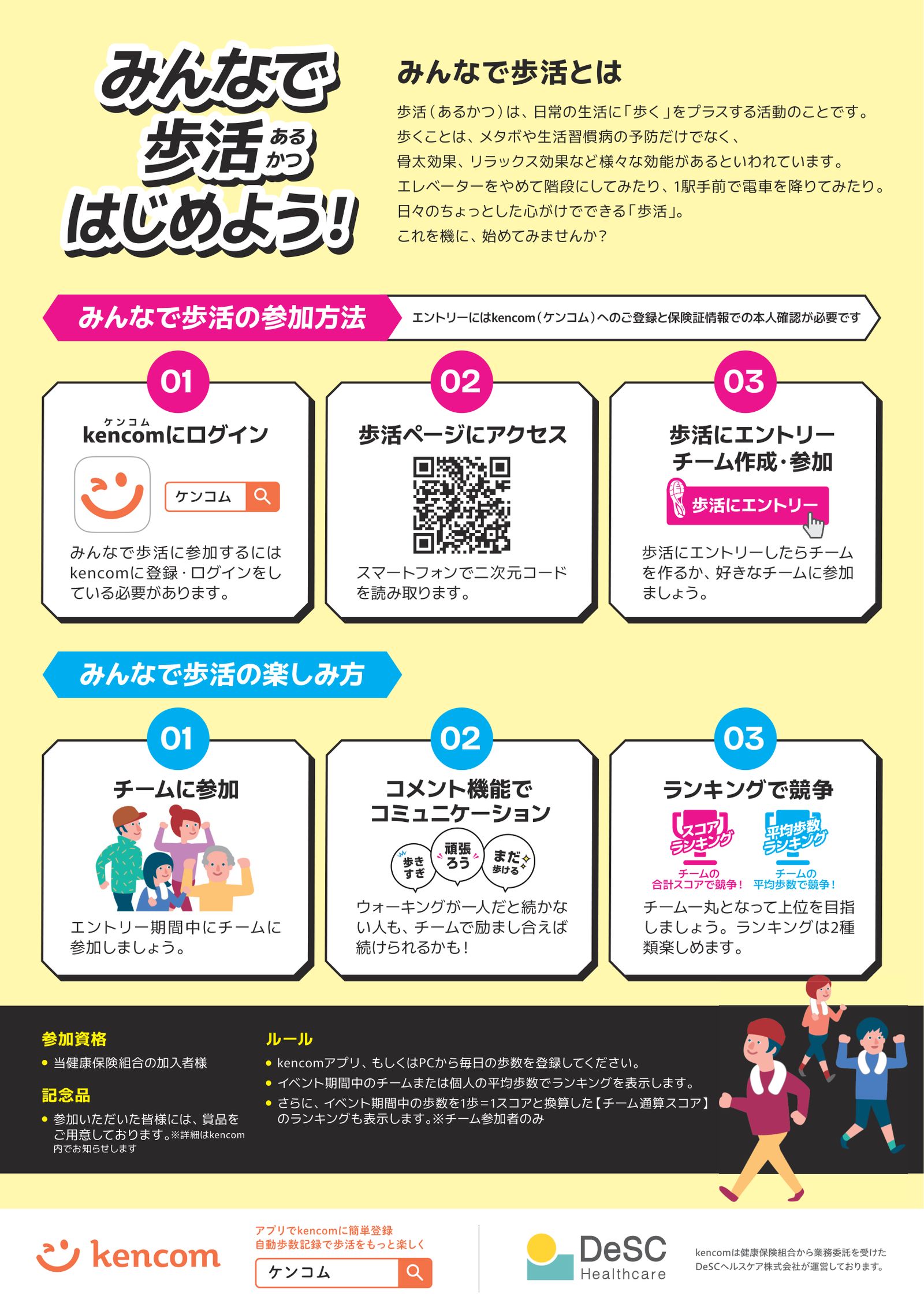チラシ（裏面）：みんなで歩活の参加方法（kencomにログイン、歩活ページにアクセス、エントリーしてチーム作成・参加）と楽しみ方（チームに参加、コメント機能でコミュニケーション、ランキングで競争）。参加資格は当健康保険組合の加入者、参加者には記念品あり。